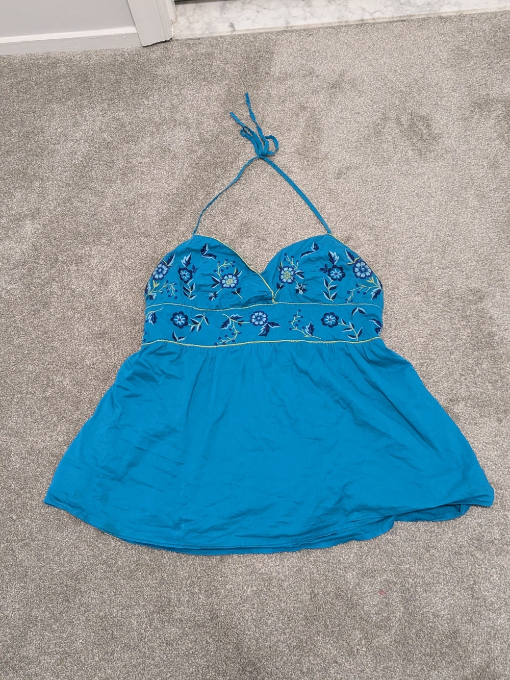 Vintage Blue Floral Embroidered Halter Top